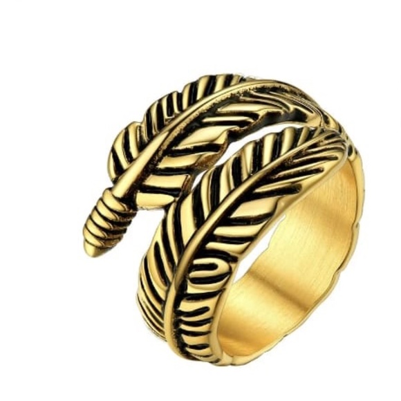 Brass Coloured Stainless Steel Feather Ring - Picture 2 of 4